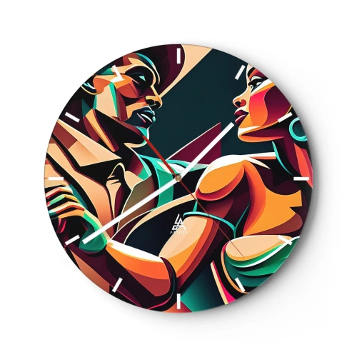 Relógio de parede - Relógio em vidro - Um casal dançando estilizado, retratado em cores intensas. - 30x30cm - No ritmo do coração - Decoração de parede moderna para a sala de estar, cozinha e quarto ARTTOR
