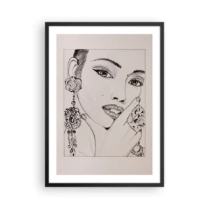 Pôster com moldura preta - Esboço de uma mulher usando joias glamorosas - 50x70cm - A joia mais linda - Decoração de parede moderna para a sala de estar e quarto ARTTOR