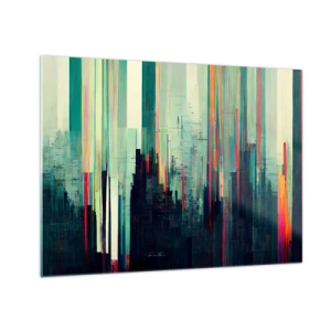 Quadro em vidro - Linhas coloridas verticais formam o contorno de uma metrópole futurista. - 70x50cm - Cidade futurista - Decoração de parede moderna para a sala de estar e quarto ARTTOR