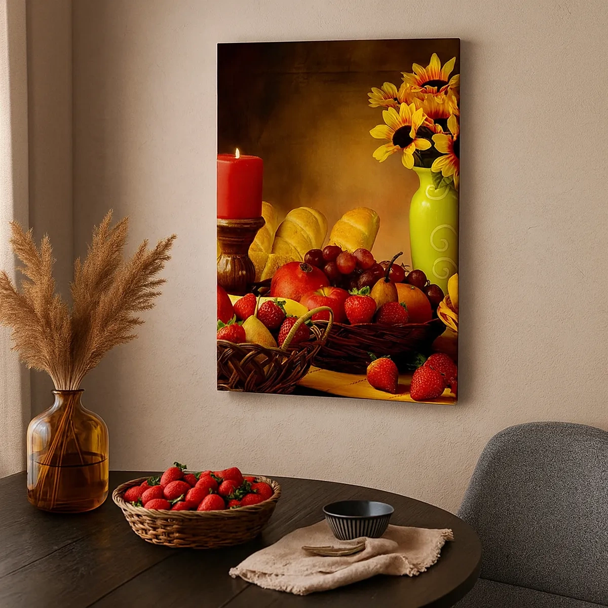 Quadro em tela - Natureza morta com pão e fruta - 50x70 cm