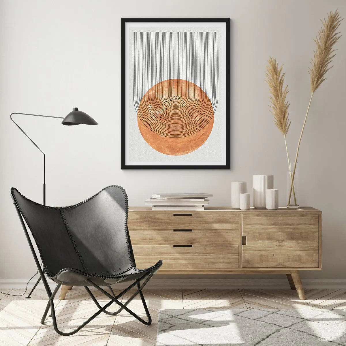 Pôster com moldura preta - Abstração geométrica em tons terrosos - 50x70cm - Composição solar - Decoração de parede moderna para a sala de estar e quarto ARTTOR