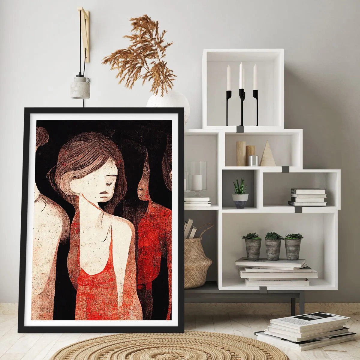 Pôster com moldura preta - Ilustração abstrata de uma figura em vermelho e preto - 50x70cm - Madonas das trevas - Decoração de parede moderna para a sala de estar e quarto ARTTOR