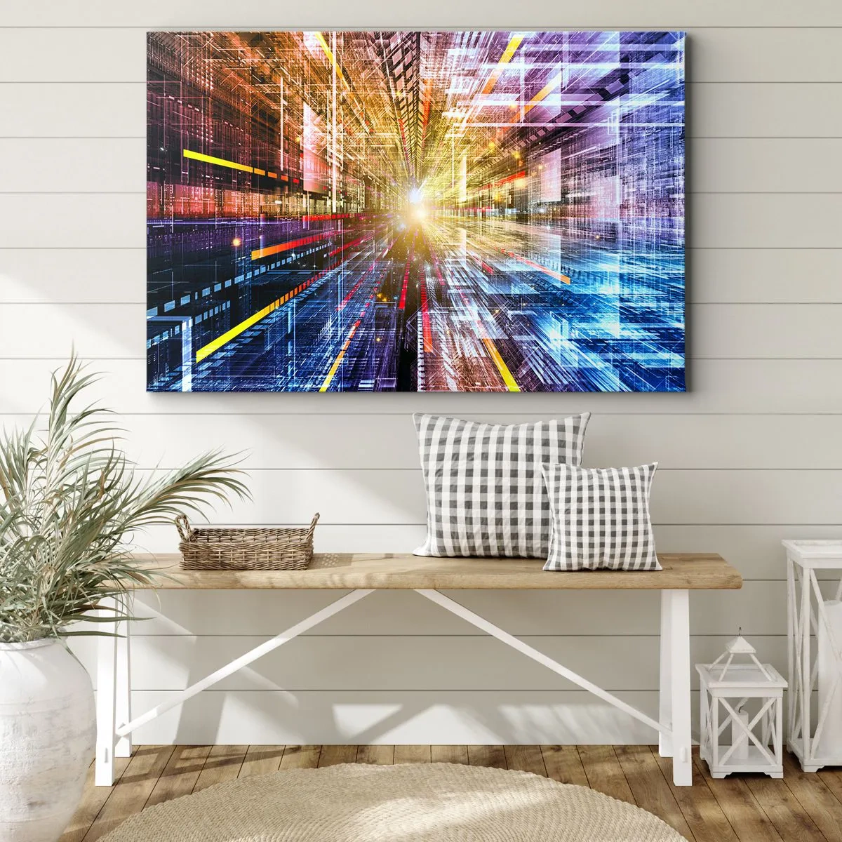 Quadro em tela - Luzes dinâmicas em um corredor futurista - 70x50cm - Corredor de luz - Decoração de parede moderna para a sala de estar e quarto ARTTOR