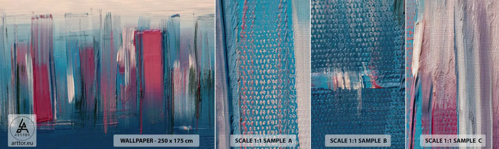 Amostra de papel de parede Premium Canvas - Composição vertical em azul e vermelho - Pedaço, Abstração, Pintar - 100x30 cm