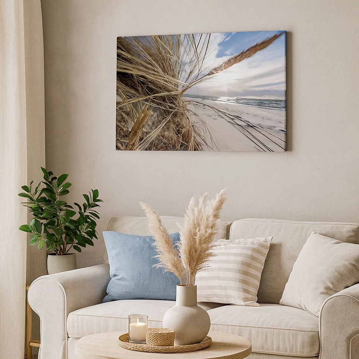 Quadro em tela - Uma praia com grama seca nas dunas e vista para o mar - 70x50cm - Reunião dos rlementos da natureza - Decoração de parede moderna para a sala de estar e quarto ARTTOR