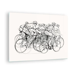 Quadro em vidro - Desenho de um grupo de ciclistas durante uma corrida contra um fundo branco - 70x50cm - Juntos como uma equipa - Decoração de parede moderna para a sala de estar e quarto ARTTOR