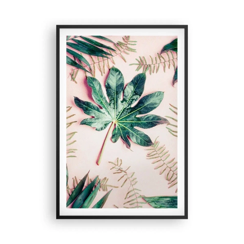 Pôster com moldura preta - Estudo do verde em um fundo rosa - 61x91 cm