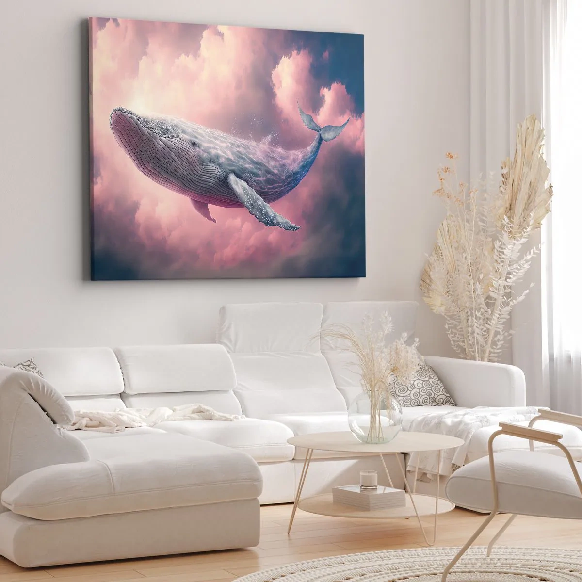 Quadro em tela - Uma baleia flutuando nas nuvens ao pôr do sol - 70x50cm - Esfregue seus olhos - Decoração de parede moderna para a sala de estar e quarto ARTTOR
