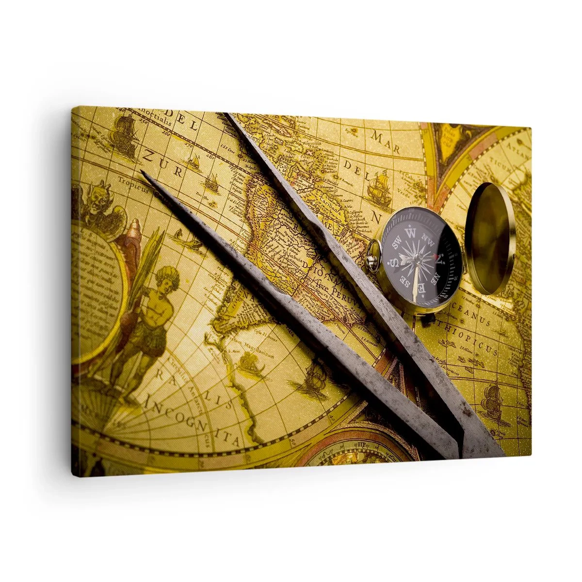Quadro em tela - Um mapa-múndi antigo com uma bússola e um par de bússolas ao fundo - 70x50cm - Onde estão esses tesouros? - Decoração de parede moderna para a sala de estar e quarto ARTTOR