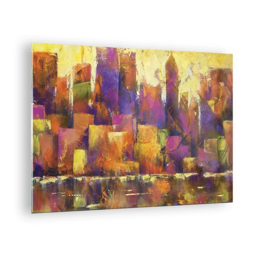Quadro em vidro - Uma metrópole abstrata em cores quentes com toques de roxo. - 70x50cm - Composição metropolitana - Decoração de parede moderna para a sala de estar e quarto ARTTOR