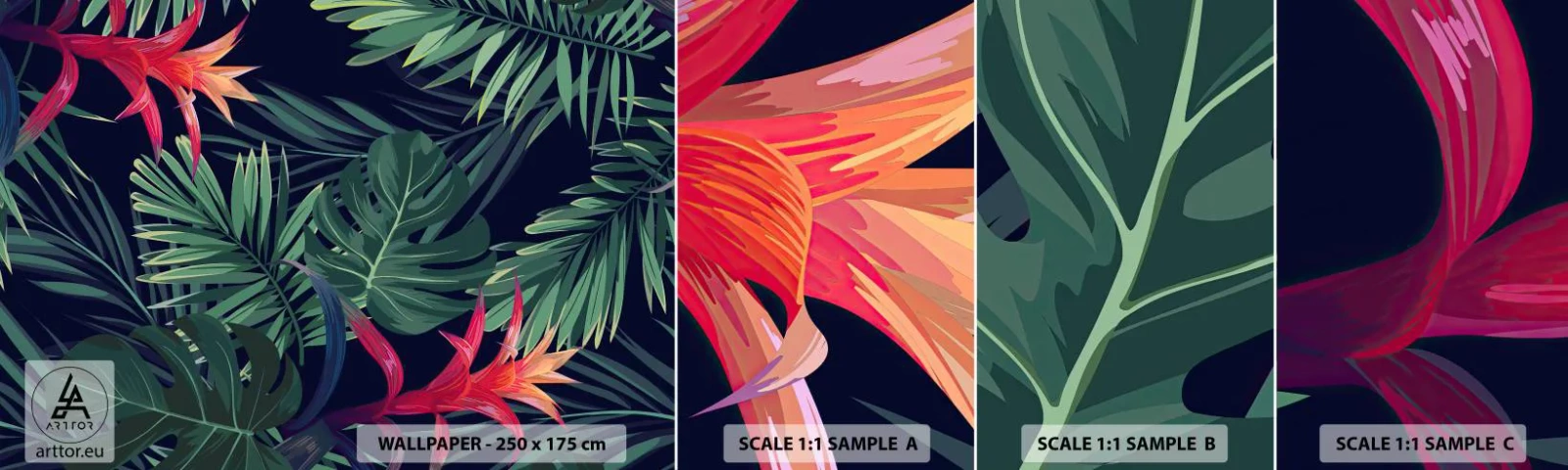 Amostra de Papel de Parede Standard Eco - Queimar em verde - Flores, Planta tropical, Folhas de palmeira - 100x30 cm