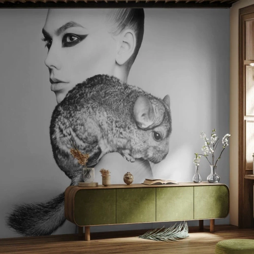 Papel de Parede Standard Eco - Mulher estilosa com chinchila em uma estética monocromática - 100x70cm - A dama com a chinchila - Decoração de parede moderna para a sala de estar e quarto ARTTOR