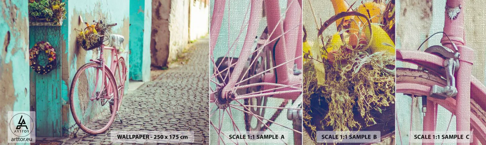 Amostra de papel de parede Premium Canvas - Volto logo - Bicicleta, Arquitetura, Flores - 100x30 cm