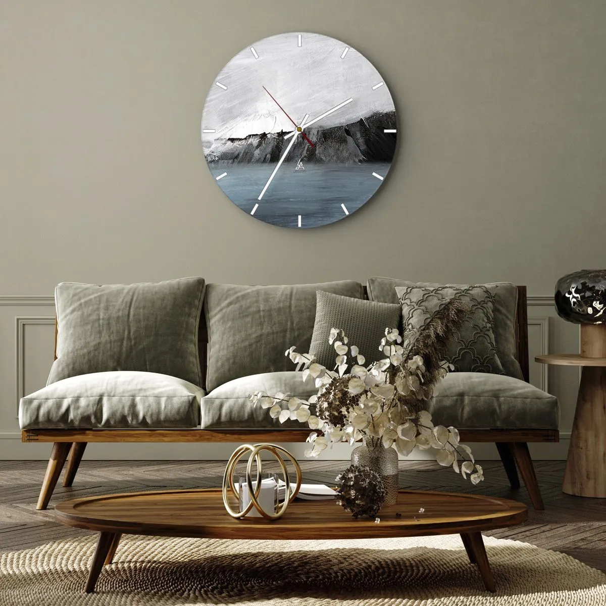 Relógio de parede - Relógio em vidro - Um choque artístico de branco, preto e azul na forma de uma paisagem. - 30x30cm - Água – terra: choque dos elementos - Decoração de parede moderna para a sala de estar, cozinha e quarto ARTTOR