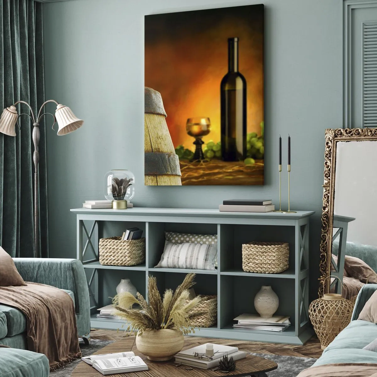 Quadro em tela - Natureza morta com uma garrafa de vinho e um cacho de uvas - 55x100 cm