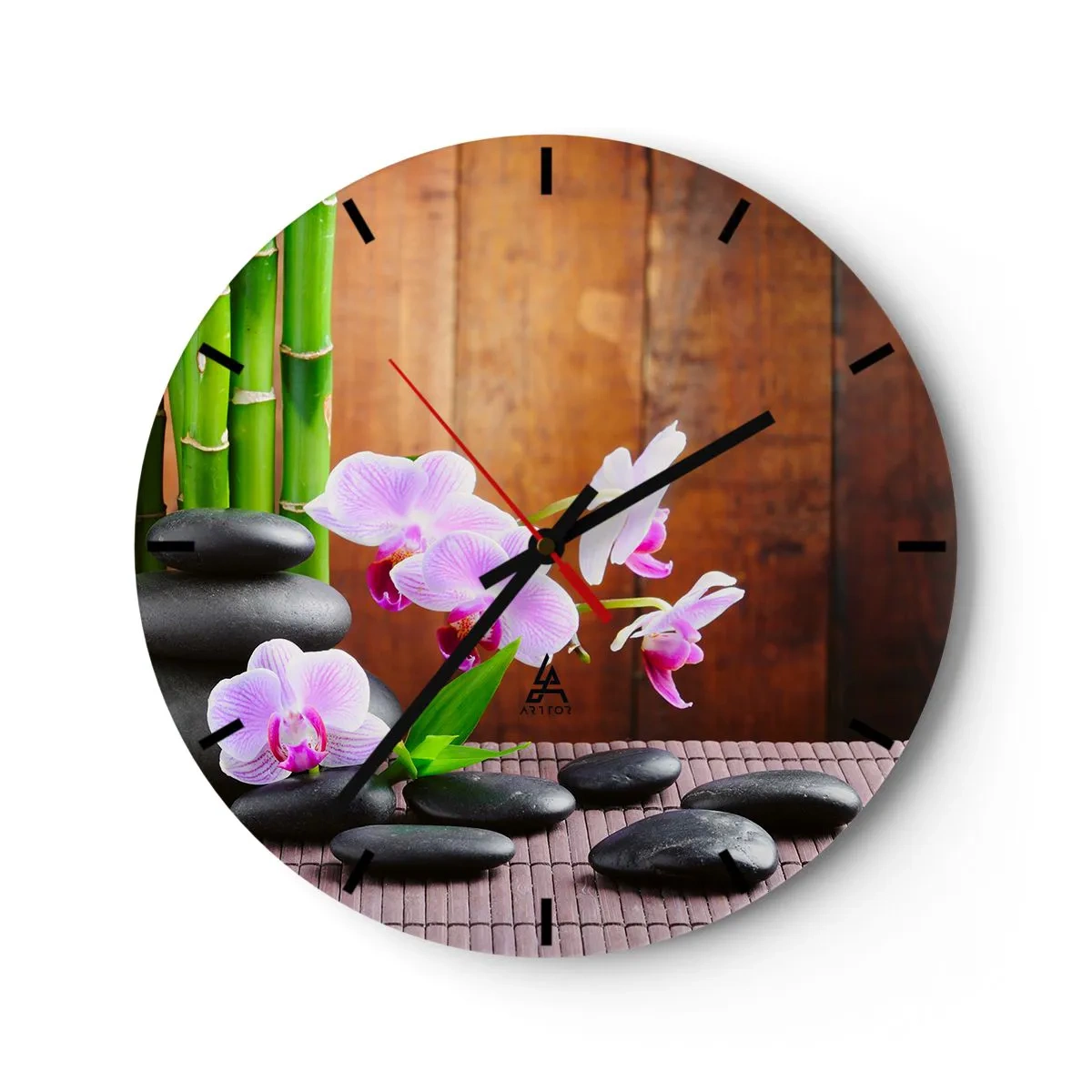 Relógio de parede - Relógio em vidro - Orquídeas roxas com bambu e pedras - 30x30cm - Experimente os prazeres do Oriente - Decoração de parede moderna para a sala de estar, cozinha e quarto ARTTOR