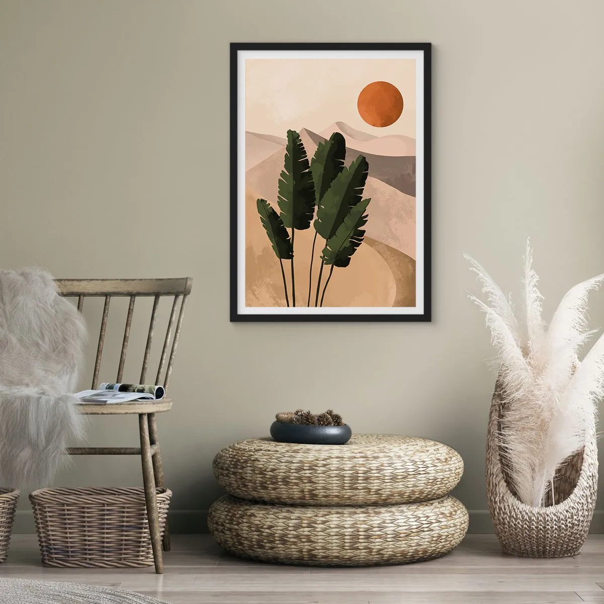 Pôster com moldura preta - Plantas em um cenário desértico com o pôr do sol, paisagem abstrata - 50x70cm - O triunfo da vida - Decoração de parede moderna para a sala de estar e quarto ARTTOR