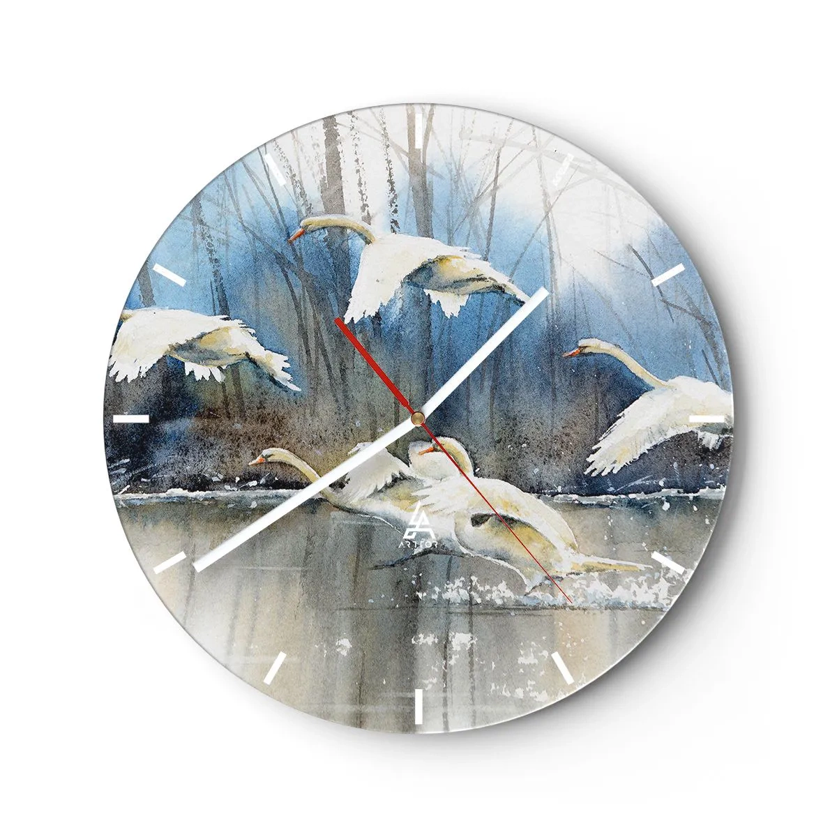 Relógio de parede - Relógio em vidro - Cisnes voando da superfície do lago com a floresta ao fundo - 30x30cm - Como no conto de fadas sobre cisnes selvagens - Decoração de parede moderna para a sala de estar, cozinha e quarto ARTTOR