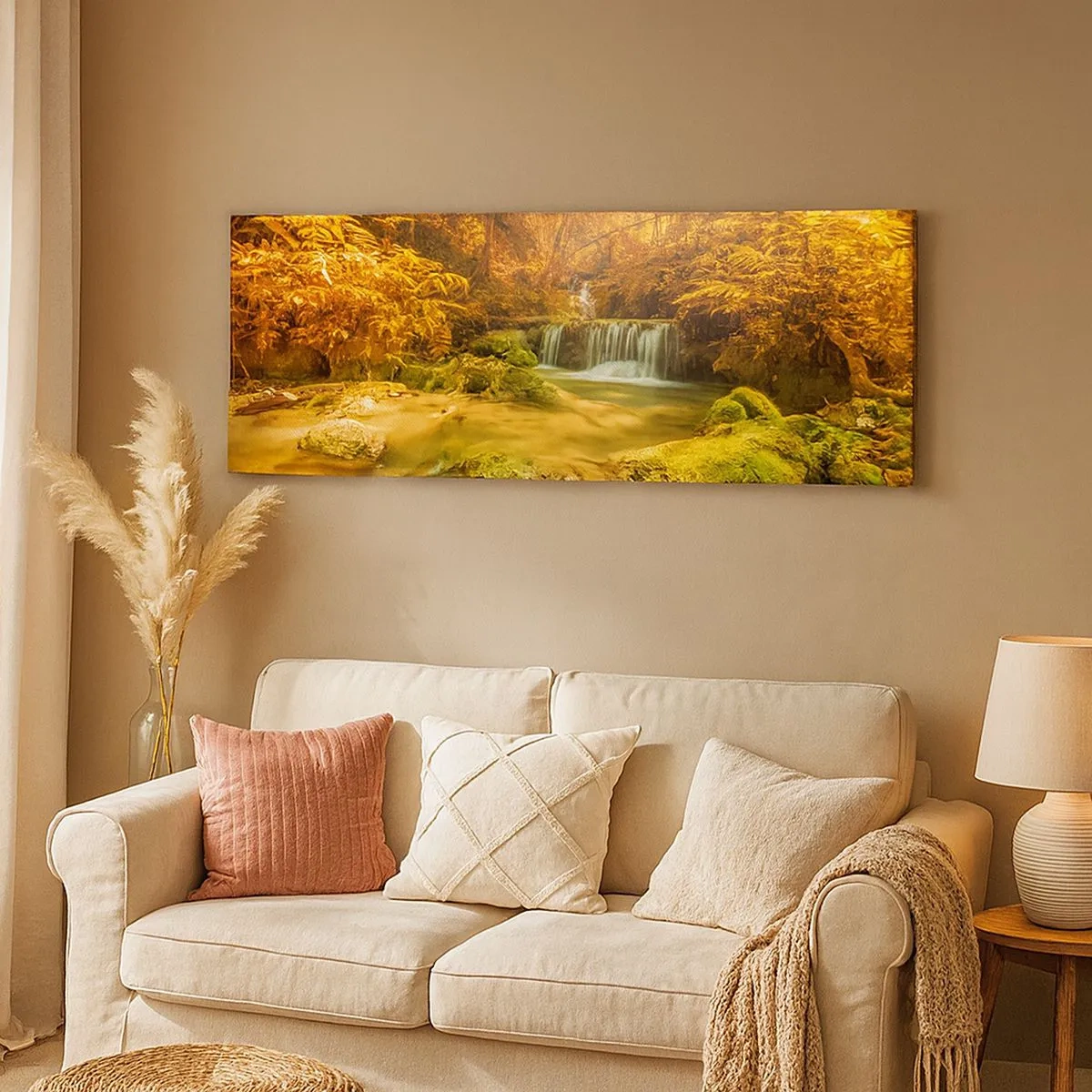 Quadro em tela - Cascata na floresta em ouro - 100x40 cm