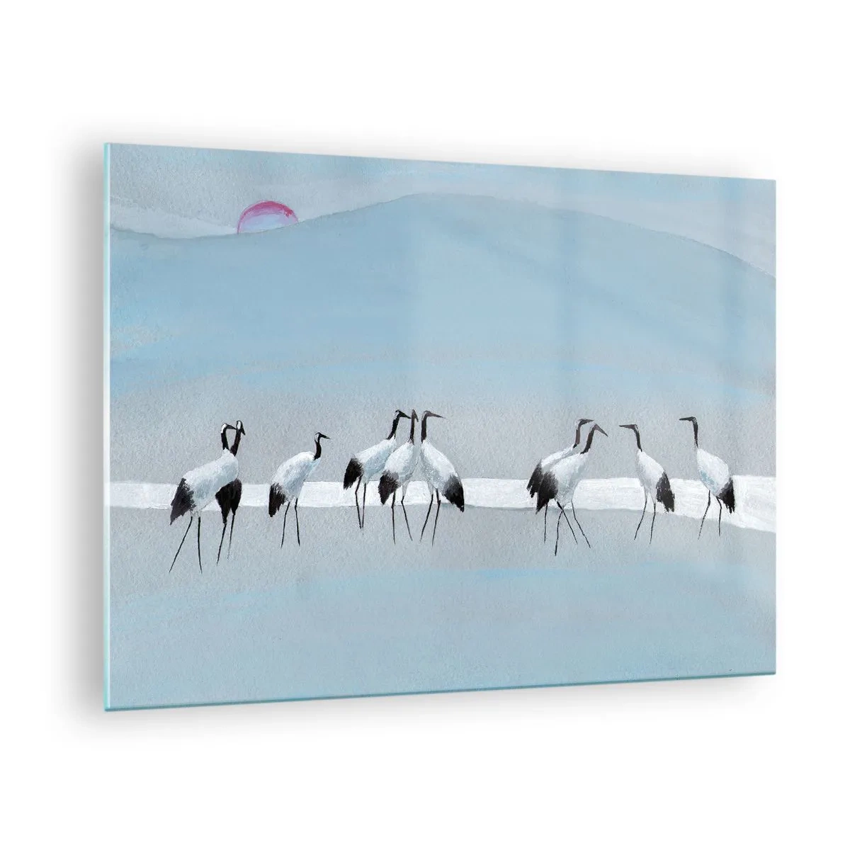 Quadro em vidro - Um grupo de guindastes contra o pano de fundo de montanhas azuis e um pôr do sol - 70x50cm - Depois de um dia quente - Decoração de parede moderna para a sala de estar e quarto ARTTOR