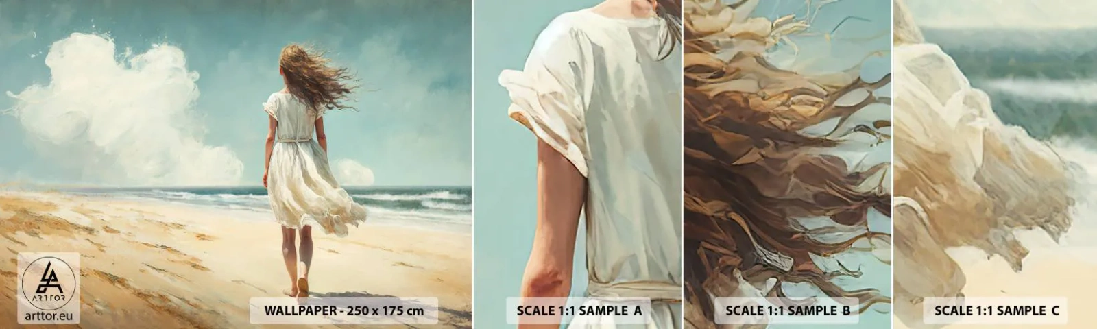 Amostra de Papel de Parede Standard Eco - Para encontrar o sol e o vento - Garota, Praia, Andar - 100x30 cm