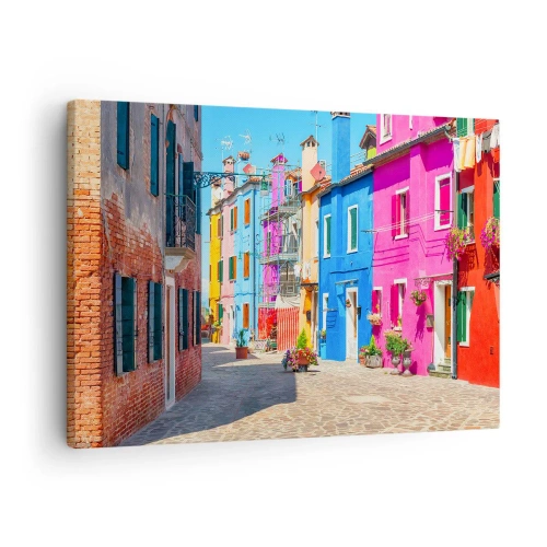 Quadro em tela - Edifícios coloridos em uma rua estreita da cidade - 70x50cm - A Cidade dos Papagaios - Decoração de parede moderna para a sala de estar e quarto ARTTOR