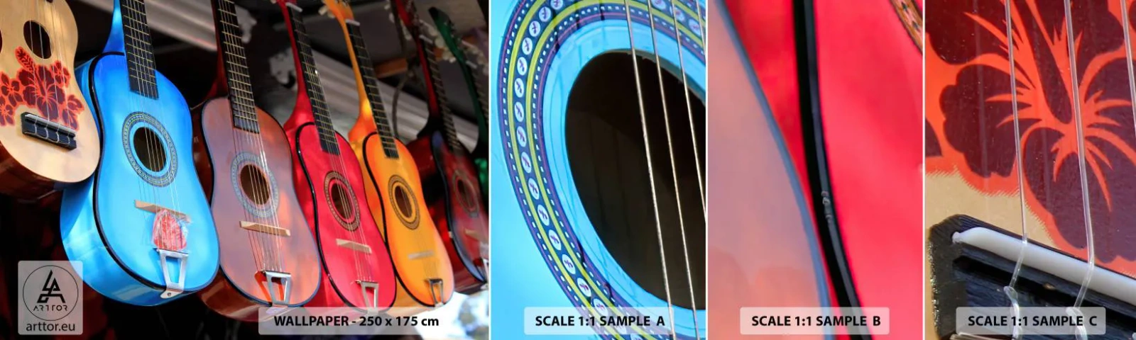 Amostra de papel de parede autocolante Deluxe Sticker - Vibrações latinas - Música, Guitarra, Um instrumento musical - 100x30 cm