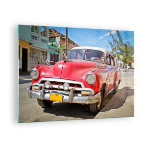 Quadro em vidro - Carro antigo vermelho em uma rua da cidade - 70x50cm - Apenas em Cuba - Decoração de parede moderna para a sala de estar e quarto ARTTOR