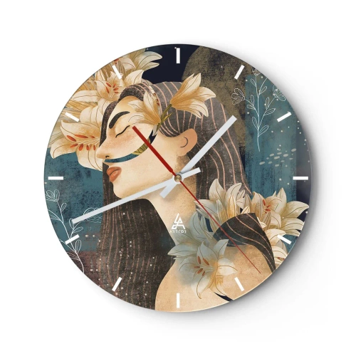 Relógio de parede - Relógio em vidro - Retrato de uma mulher com os olhos fechados rodeada de lírios - 30x30cm - O conto da princesa com lírios - Decoração de parede moderna para a sala de estar, cozinha e quarto ARTTOR