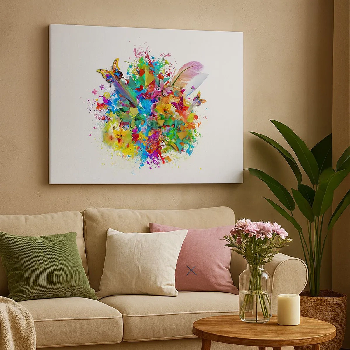 Quadro em tela - Motivo colorido com flores e borboletas - 70x50cm - Um ramo de alegria - Decoração de parede moderna para a sala de estar e quarto ARTTOR