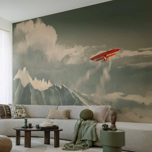 Papel de Parede Standard Eco - Um avião vermelho voando sobre montanhas cobertas de neve - 100x70cm - O pioneiro destemido - Decoração de parede moderna para a sala de estar e quarto ARTTOR