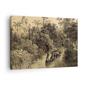 Quadro em tela - Desenho de uma selva com um barco em um rio - 70x50cm - Viagem à fonte - Decoração de parede moderna para a sala de estar e quarto ARTTOR