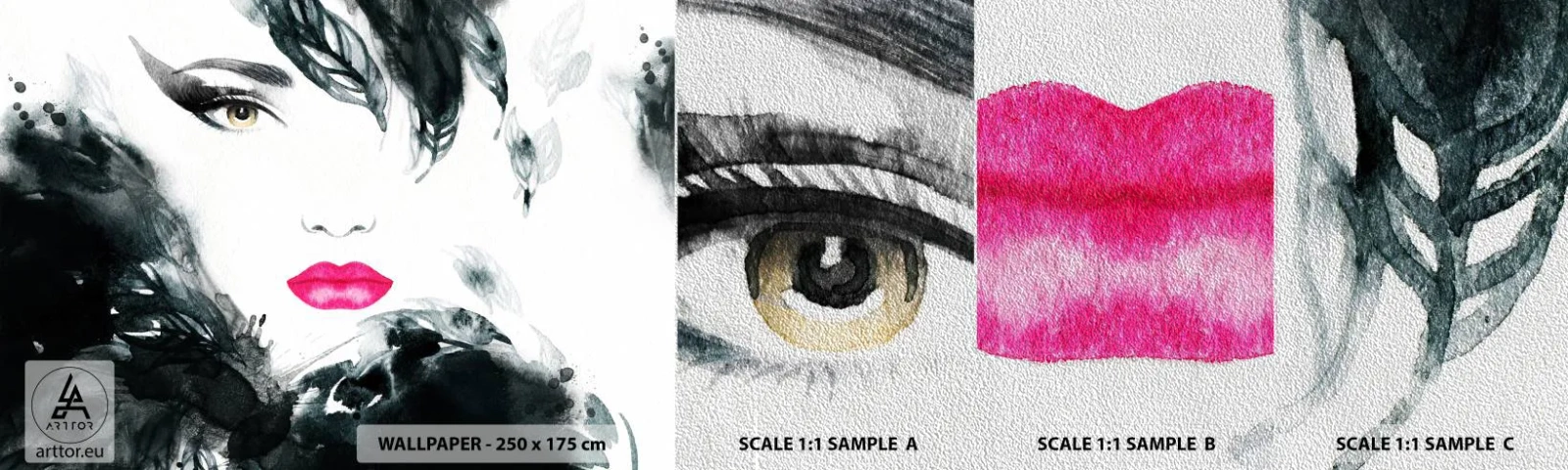 Amostra de papel de parede Premium Sand - Atenção! Femme fatale - Abstração, Rosto de mulher, Retrato de uma mulher - 100x30 cm