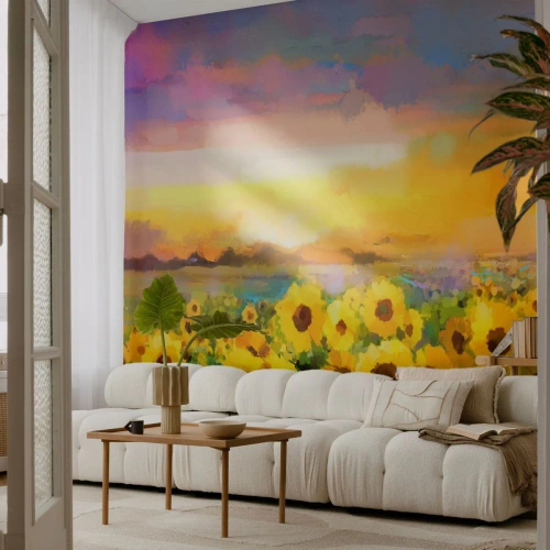 Papel de Parede Premium Canvas - O próprio sol desceu à terra - Campo de Girassol, girassol, Natureza - 300x210 cm