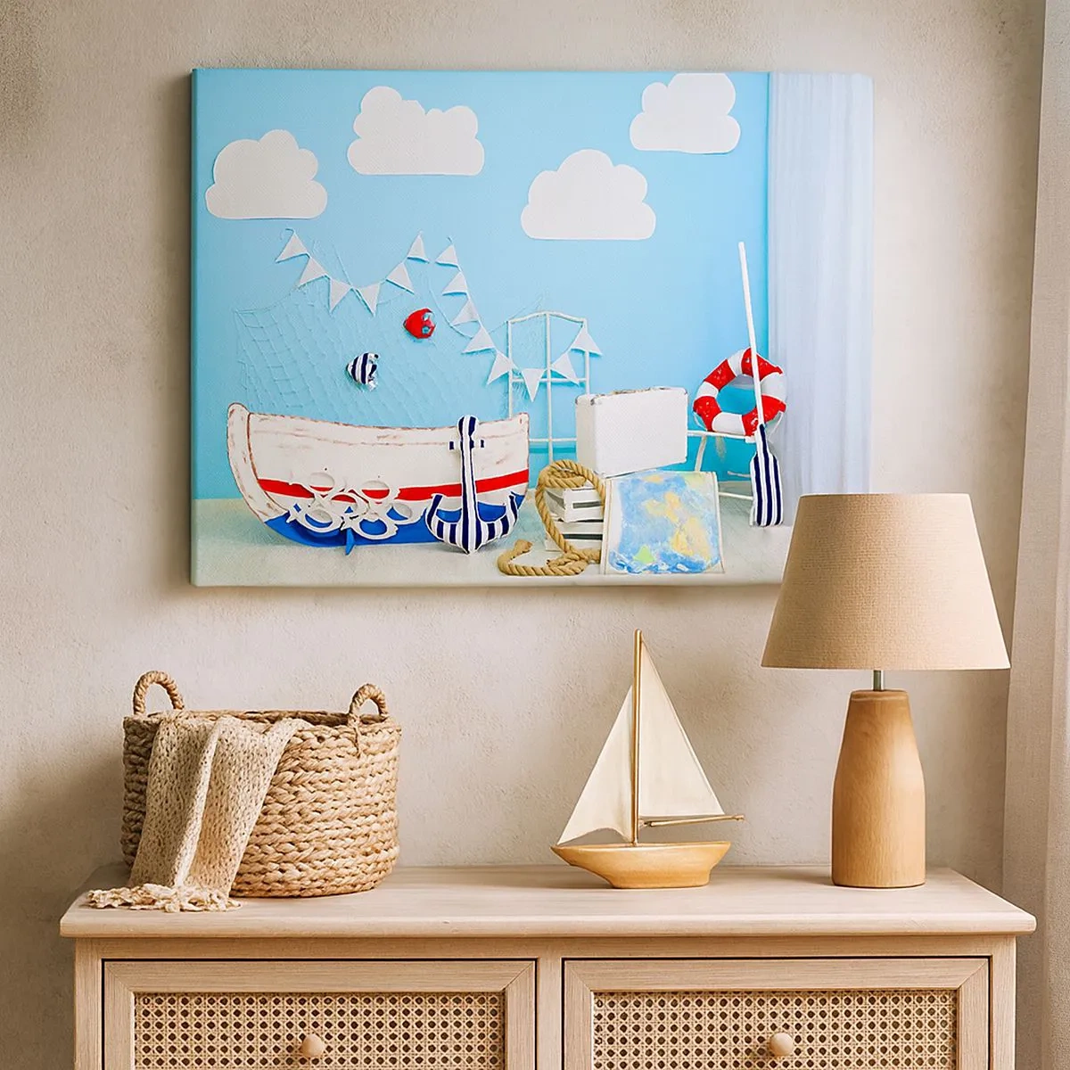 Quadro em tela - Decoração náutica com barco e acessórios em fundo azul - 70x50cm - Saudade infantil da aventura - Decoração de parede moderna para a sala de estar e quarto ARTTOR