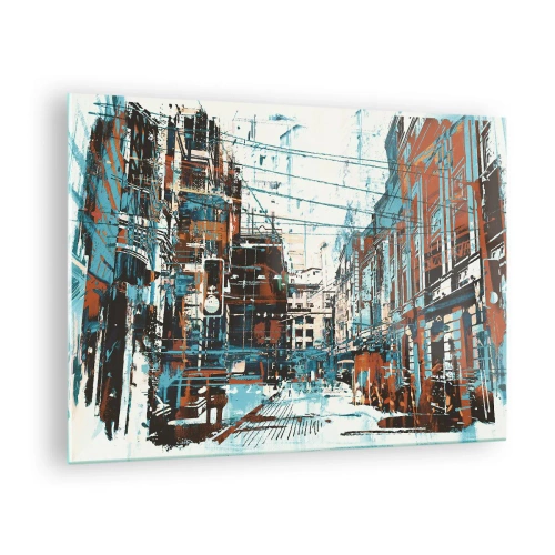 Quadro em vidro - Uma rua pitoresca da cidade em um estilo artístico e desgastado - 70x50cm - Um desgastado percurso urbano - Decoração de parede moderna para a sala de estar e quarto ARTTOR