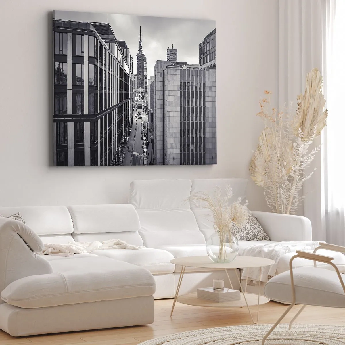 Quadro em tela - Panorama de Varsóvia com vista para o Palácio da Cultura e os edifícios circundantes - 70x50cm - Vale de Varsóvia - Decoração de parede moderna para a sala de estar e quarto ARTTOR