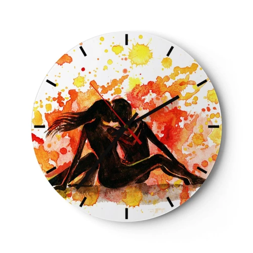 Relógio de parede - Relógio em vidro - Uma cena de amor artística em cores aquarela - 30x30cm - E fez-se a luz - Decoração de parede moderna para a sala de estar, cozinha e quarto ARTTOR
