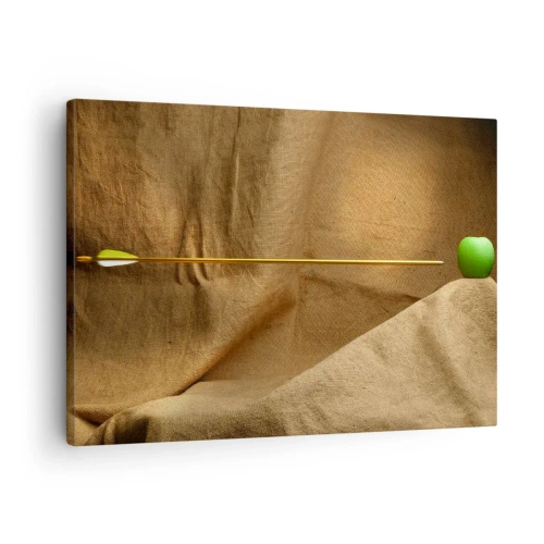 Quadro em tela - Maçã verde sobre tecido com uma flecha criando uma composição - 70x50cm - Invocando o espírito de Wilhelm Tell - Decoração de parede moderna para a sala de estar e quarto ARTTOR