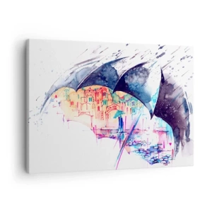 Quadro em tela - Uma cidade colorida escondida sob guarda-chuvas abstratos - 70x50cm - Passeio na chuva - Decoração de parede moderna para a sala de estar e quarto ARTTOR