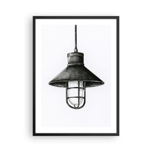 Pôster com moldura preta - Esboço de uma luminária pendente industrial - 50x70cm - Como antigamente… - Decoração de parede moderna para a sala de estar e quarto ARTTOR