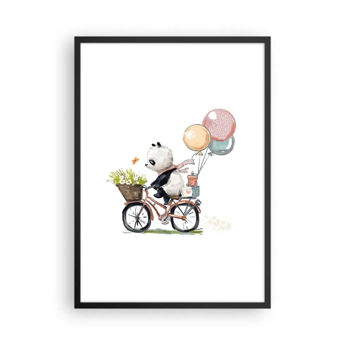 Pôster com moldura preta - Panda em uma bicicleta com balões e flores em estilo de conto de fadas - 50x70cm - Dia feliz - Decoração de parede moderna para a sala de estar e quarto ARTTOR
