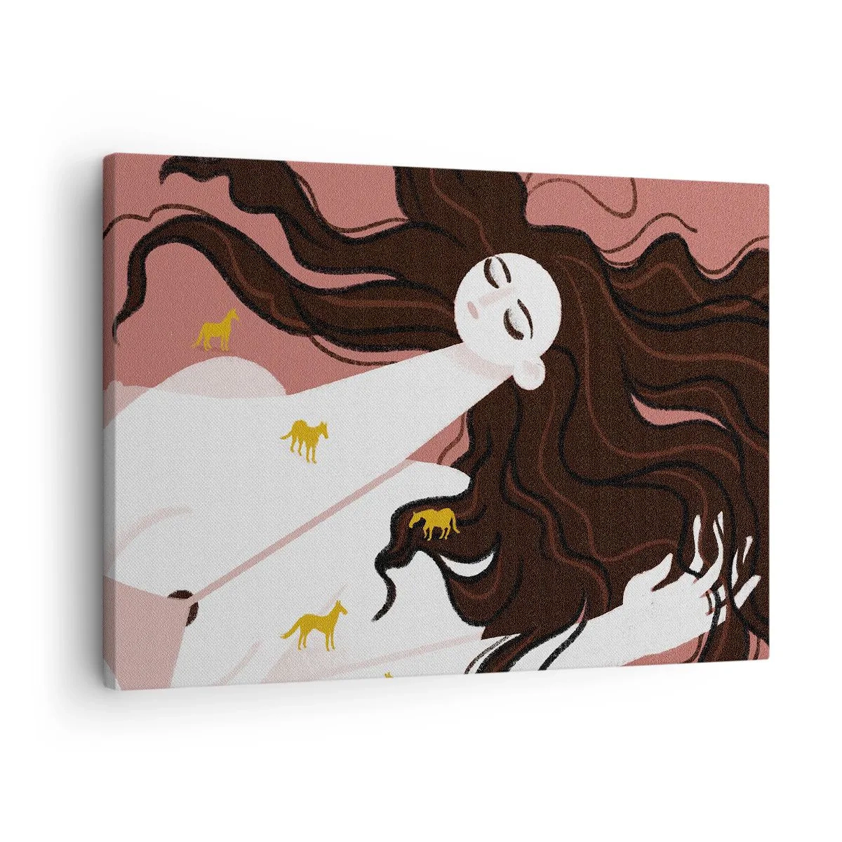 Quadro em tela - Uma figura com os olhos fechados rodeada por cavalos dourados - 70x50cm - Sonho com um cavalo dourado - Decoração de parede moderna para a sala de estar e quarto ARTTOR