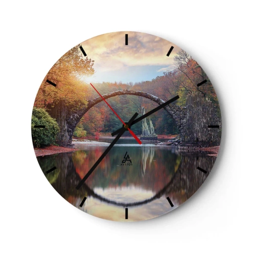 Relógio de parede - Relógio em vidro - Uma ponte em arco de pedra refletida na água cria um círculo - 30x30cm - Do outro lado do espelho - Decoração de parede moderna para a sala de estar, cozinha e quarto ARTTOR