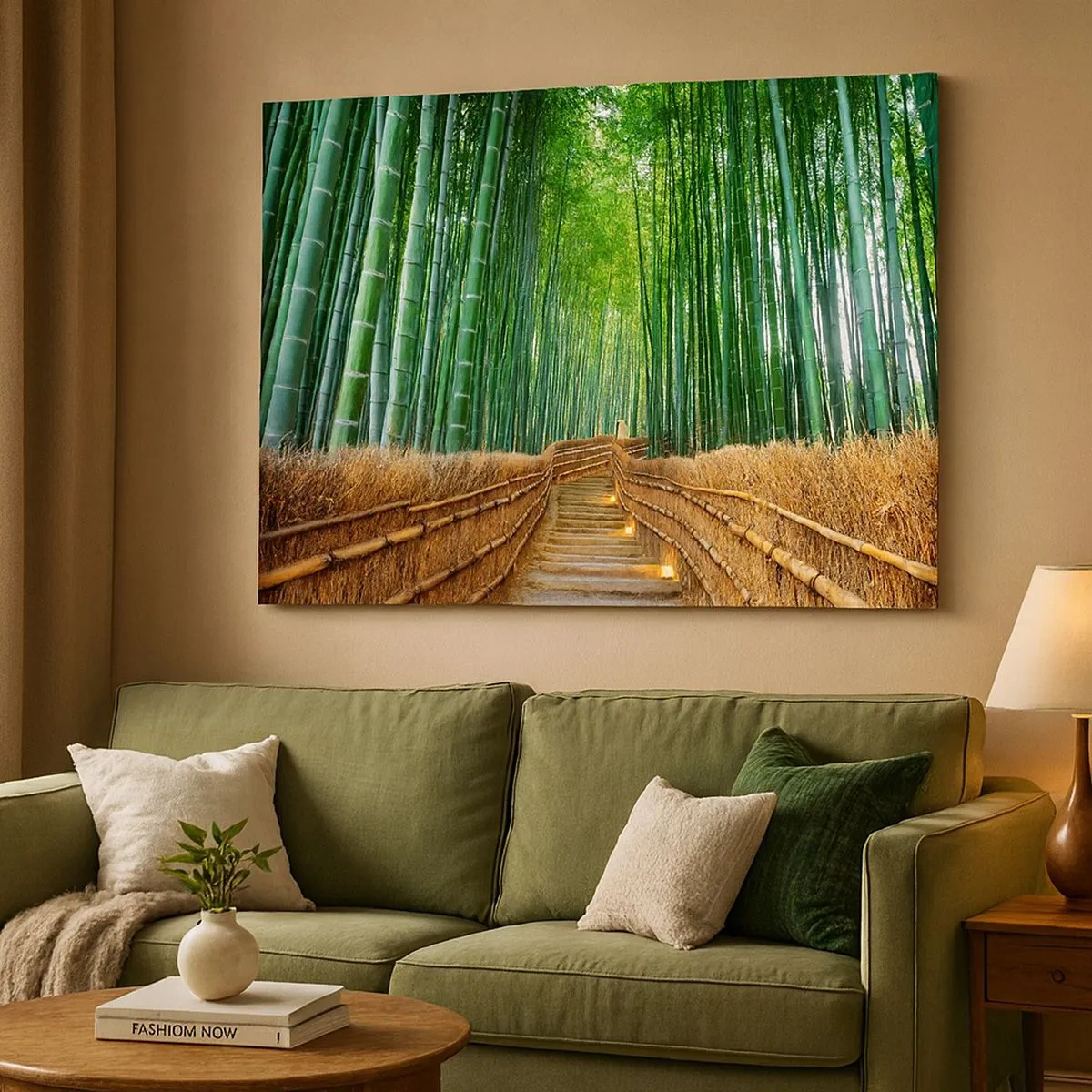 Quadro em tela - Um caminho em uma densa floresta de bambu - 70x50cm - A essência da natureza asiática - Decoração de parede moderna para a sala de estar e quarto ARTTOR