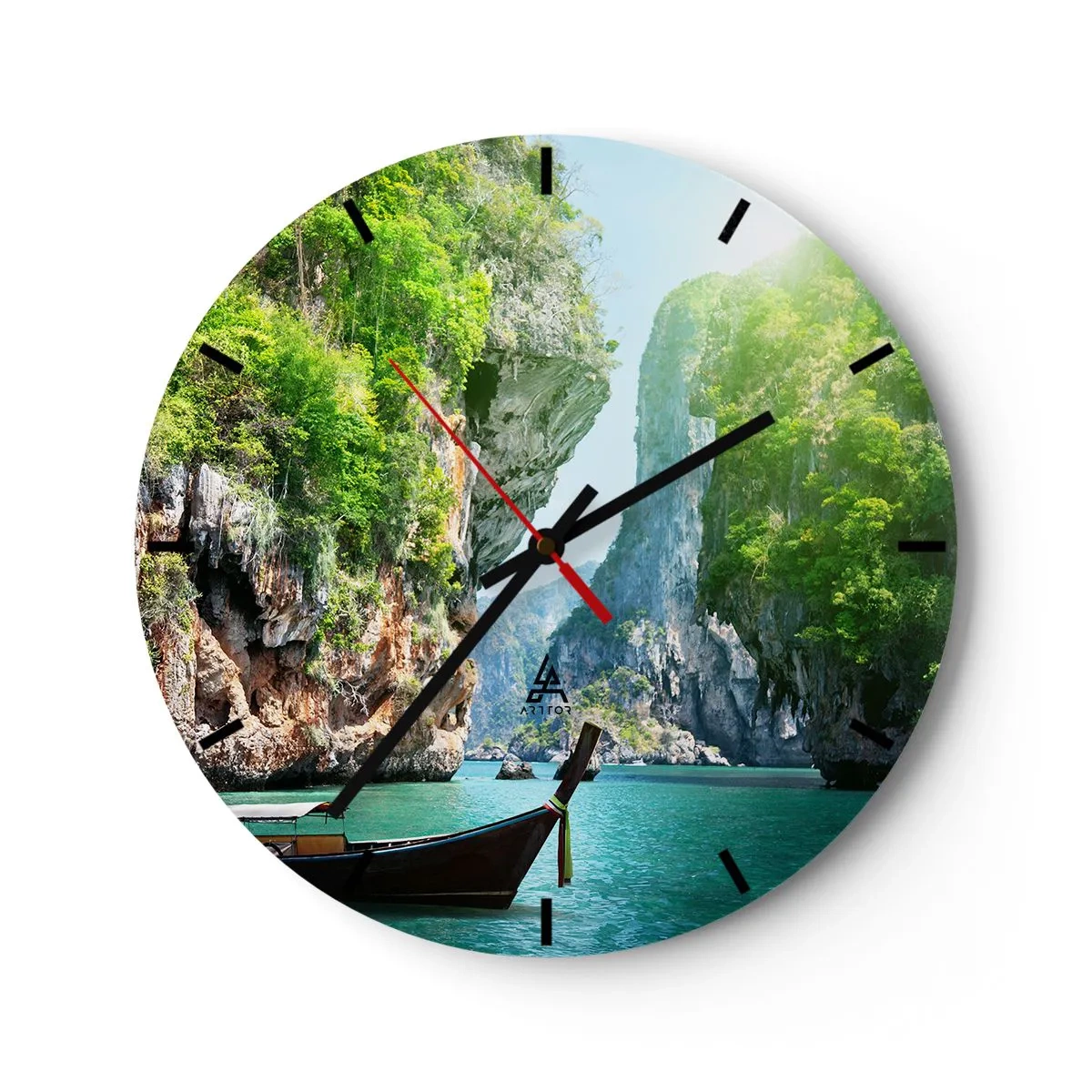 Relógio de parede - Relógio em vidro - Baía tropical com um barco encostado nas rochas - 30x30cm - Um convite para uma viagem exótica - Decoração de parede moderna para a sala de estar, cozinha e quarto ARTTOR