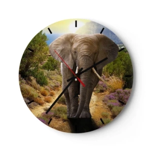Relógio de parede - Relógio em vidro - Um elefante no fundo da natureza em um dia ensolarado - 30x30cm - Assim era o Éden - Decoração de parede moderna para a sala de estar, cozinha e quarto ARTTOR