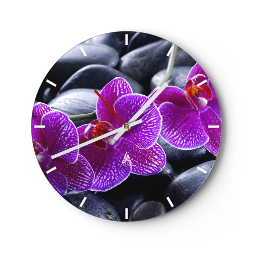 Relógio de parede - Relógio em vidro - Orquídeas roxas contra um fundo de pedras pretas - 30x30cm - As pedras de iluminaram de deleite - Decoração de parede moderna para a sala de estar, cozinha e quarto ARTTOR
