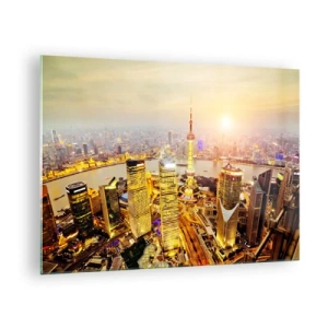 Quadro em vidro - Panorama da cidade ao pôr do sol com arranha-céus - 70x50cm - Sonho asiático - Decoração de parede moderna para a sala de estar e quarto ARTTOR