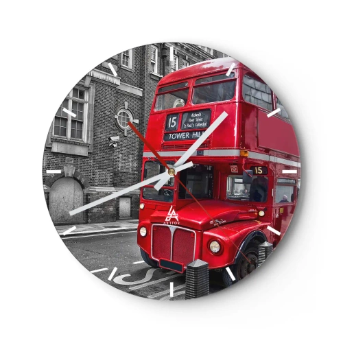 Relógio de parede - Relógio em vidro - Um ônibus vermelho de Londres com um cenário de edifícios históricos - 30x30cm - Sempre o mesmo - Decoração de parede moderna para a sala de estar, cozinha e quarto ARTTOR